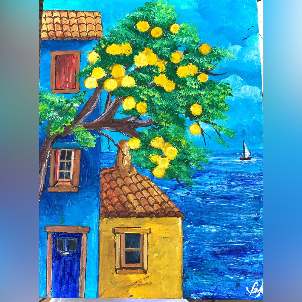 Charming Seaside Painting with Blue and Yellow Hues